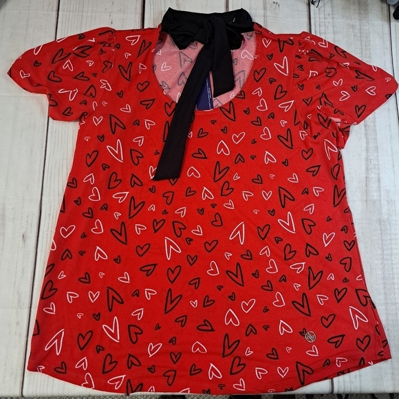 Adrienne Vittadini Heart Print Tie Neck  Blouse Top - Picture 1 of 10